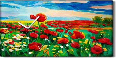 Produktbild von Wanduhr Uhr Wandbild Leinwand 60x30 Bild Natur Landschaft Mohn Blume wiese - weiße Hände