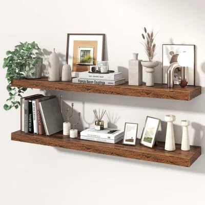 Obrázek produktu pro Nástěnné police, sada 2 kusů, hnědé barvy, šířka 100 cm, hloubka 19,5 cm, materiál MDF