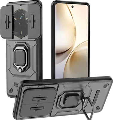 Image de Étui pour Realme 14 Pro 5G étui double couche avec protection coulissante de l'appareil photo et support d'anneau, stand noir