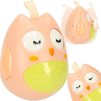 A pink owl-shaped toy is shown from multiple angles against a white background.