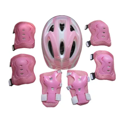 Produktbild von 7 Teile/satz Kinder Sicherheit Knie Pad Tragen Beständig Schweiß Absorption Zubehör Radfahren Helm Knie Ellenbogen Pad Set für Reiten-Rosa