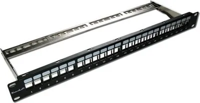 Obrázek produktu pro XtendLan Patch panel 19", 24 portů, neosazený, stíněný, černý, Cat5e/6/6A/7, vyvazovák