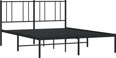 A black metal bed frame with a headboard is shown against a white background.