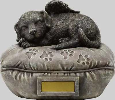 Produktbild von Hunde Urne grau als Hunde-Engelfigur auf dem Kissen, Tierurne