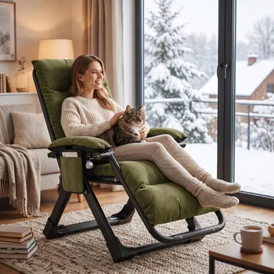 Image de Transat pliable, supportant jusqu'à 200 kg, avec coussin en velours. Chaise de relaxation inclinable, idéale pour l'intérieur, l'extérieur, les balcons et les jardins. Couleur : vert