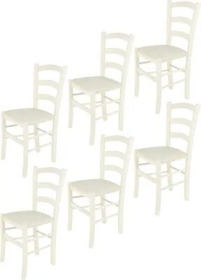 Produktbild von t m c s Tommychairs - 6er Set Stühle VENICE für Küche und Esszimmer, robuste Struktur aus lackiertem Buchenholz in Anilinfarbe Weiss und gepolsterte Sitzfläche mit STOFF in der Farbe Elfenbein bezogen