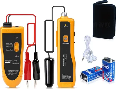 A collage of a wire locator kit, including the transmitter, receiver, headphones, and batteries.