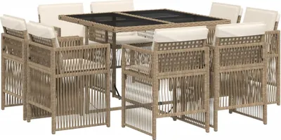 Produktbild von 9-tlg. Garten-Essgruppe mit Kissen Beige Poly Rattan