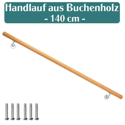 Produktbild von Buche Holz Handlauf Treppengeländer Geländer für Treppe Wandhandlauf Wand seitliche Montage Auswahl Länge 50 - 500 cm, Länge:140 cm