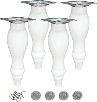 Four white furniture legs with silver mounting plates are arranged in a group on a white background. Below the legs are a pile of screws and four felt pads.