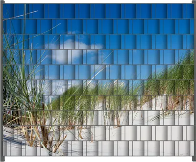 Produktbild von Wallario Zaunsichtschutz mit Motiv Düne am Strand unter blauem Himmel für Ein- und Doppelstabmatten Zäune in der Größe 250 x 200 cm