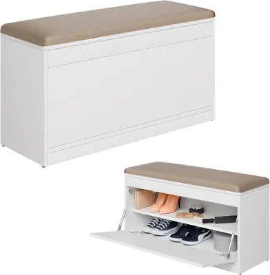 Produktbild von PLATAN ROOM Schuhschrank mit Sitzfläche 100 x 53 x 35 cm Schuhbank WEIß / CAPPUCCINO aufklappbar Sitzkommode