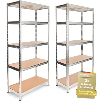 Produktbild von deluxe4home® 2er Set Schwerlastregal Silber I Kellerregal verzinkt I 40x90x180 cm I Lagerregal jeweils bis 875kg belastbar I Stahlregal Regal