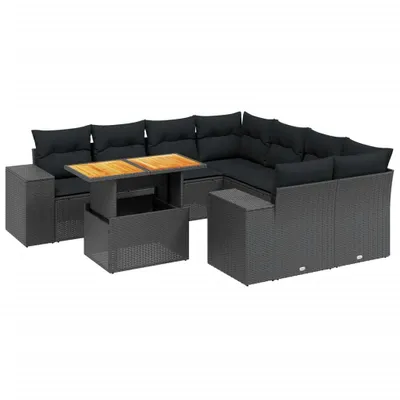 Produktbild von Modulares Garten-Loungeset, 9-teilige Sofagarnitur mit verstellbarem Tisch, PE-Rattan Schwarz, inklusive Kissen, UV-beständig