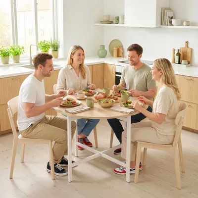 Produktbild von Klapptisch rund klappbar, Esstisch Spanplatte Stahlgestell, Naturholz-Optik | Ø 80 x 76 cm | für 2–4 Personen | platzsparend