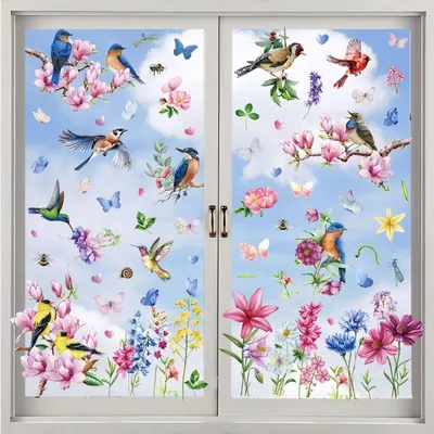 Productafbeelding van Raamdecoratie lente, 9 vellen, zelfklevend, vogels en bloemen, herbruikbaar, 30x20 cm