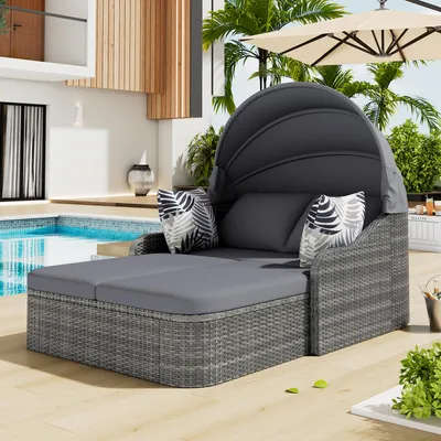 Produktbild von Sonneninsel Gartenlounge PE-Rattan Grau 203x120cm mit verstellbarem Baldachin, wetterfeste Sonnenliege inkl. 4 Kissen & verstellbarer Rückenlehne, Gartenmuschel