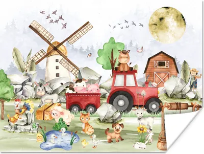 Produktbild von MuchoWow® Poster Bauernhof - Traktor - Kinder - Tiere 120x90 cm - Wandbild