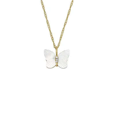A close-up studio shot of a butterfly pendant necklace.