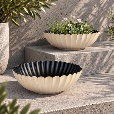 Imagen del producto de Macetas redondas, con diseño ondulado, para exteriores, color champán dorado, 22 cm