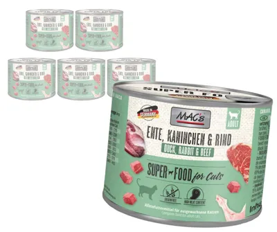 Produktbild von MAC's 6x200g getreidefreies Nassfutter für Katzen, Ente, Kaninchen, Rind