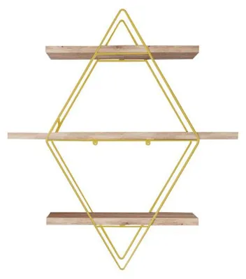 Image de Grande étagère murale en bois massif et métal or et marron 60 x 16 x 60 cm, charge totale 12 kg