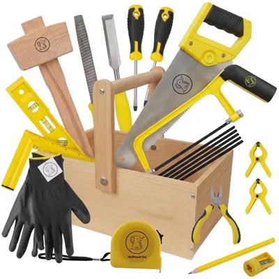 Produktbild von Eli® Kinderwerkzeug Set ab 6 Jahre inkl Holzkiste- Kindersäge - Hammer - Holzraspel - Wasserwaage - Schraubenzieher und vieles mehr - echtes Werkzeug