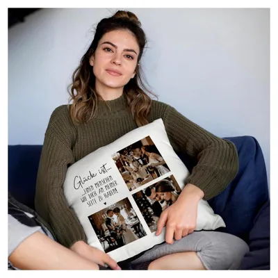 Produktbild von glitzertassen.de® | Glück ist... | personalisiertes Kissen mit Text und Bild | Geschenk | Kissen mit Druck | Liebe | Dekokissen | personalisiertes Fotokissen für Freunde | Kuschelkissen | Weiß/Schwarz