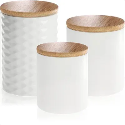 Produktbild von Unyqoos® 3er-Set Keramik-Vorratsdosen zur Lebensmittelaufbewahrung – weiß mit Bambusdeckel, aromaerhaltend, ca. 11 x Ø10 cm