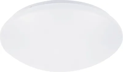 A white, round ceiling light is shown against a white background.