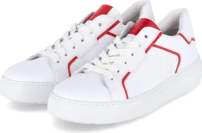 A pair of white sneakers with red accents is shown against a white background.