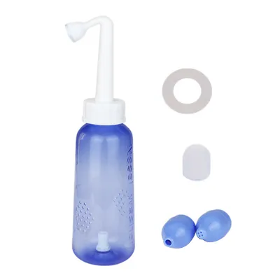 Produktbild von 1 Set 500 ml Nasendusche, staubdichte Abdeckung, präzise Skala, 60-Grad-Winkel, Druckschalter, Doppeldüse, Nasenduschenflasche, Yoga-Fitnessstudio-Tool