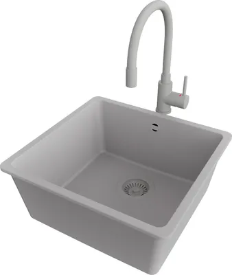 Produktbild von PRIMAGRAN Unterbauspüle Granit Grau 46x44cm, Spülbecken 1 Becken + Küchenarmatur 38x14cm + Ablauf-Set, Granitspüle ab 50er Unterschrank - Venedig Easy
