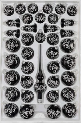Produktbild von 39 tlg. Glas-Weihnachtskugeln Set in Hochglanz-Schwarz-Silberne-Ornamente