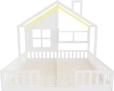 Produktbild von Flieks Kinderbett 90x200cm mit Led für 2 Kinder, Hausbett mit Fenster und Schornstein, Bodenbett Holzbett mit Ablagen, Kinder Doppelbett, Weiß