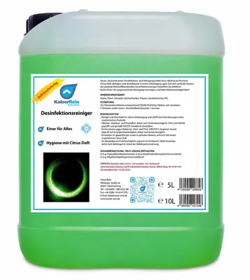 Produktbild von KaiserRein Desinfektionsspray 10 L Kanister schonendes Desinfektionsmittel zur Flächendesinfektion I ohne Alkohol I Desinfektionsreiniger, KI-generiertes Bild