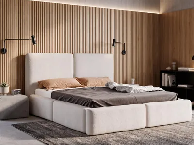 Produktbild von Polsterbett 160x200 mit Bettkasten LIVIA, Stauraum und Metall-Lattenrost – Bouclé Stoff Weiß