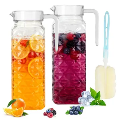 Image de Omgoods - Lot de 2 carafes à eau transparentes avec couvercle en acier inoxydable