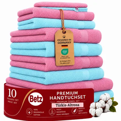 Produktbild von Betz 10-tlg. Handtuch-Set PREMIUM 2 Duschtücher 4 Handtücher 2 Gästetücher 2 Waschhandschuhe  Farbe: türkis & altrosa