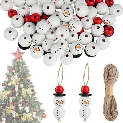 Produktbild von Holzperlen Schneemann Bastelset - 120 Perlen mit Gesicht - 20 mm - Mit Hanfschnur - Für Kinder und Weihnachten