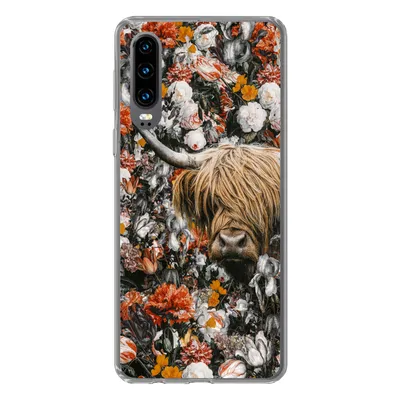 Produktbild von MuchoWow® Handyhülle Schutzhülle Hülle für Huawei P30 Schottischer Highlander - Blumen - Orange Silikon Softcase Handy Hülle - Kartenbesitzer