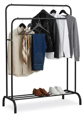 Zdjęcie produktu dla Wieszak na ubrania Relaxdays, wys. x szer. x gł.: 146 x 110 x 56 cm, z półką i 2 drążkami, podwójny wieszak, metal, czarny
