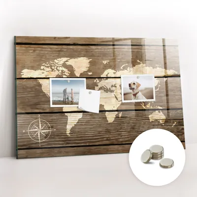 Obrázok produktu pre Magnetická tabuľa na stenu - Memo Tabuľa Sklenená - vrátane 5 magnetov - 60x40 cm - Mapa sveta z dosiek