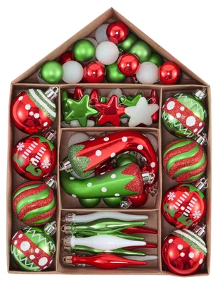 Weihnachtskugeln 70-tlg., Kunststoff, rot/grün/weiß, Elfen-Thema (M)