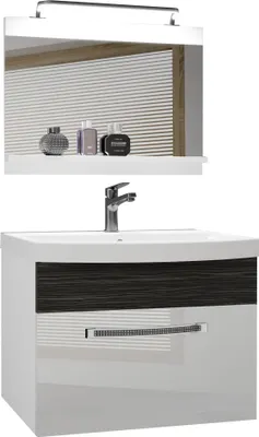 Produktbild von BELINI Badmöbel Vollausstattung Set Waschbeckenschrank, Waschbecken, Spiegel, Lampe (Weiß / Heban Royal, Glänzend und Matt)
