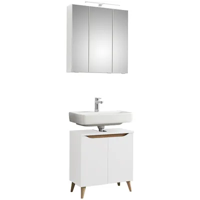 Produktbild von Badezimmer Waschplatz Set mit Füßen in Holzoptik QUEIMADOS-66 in Weiß Glanz mit Weiß Hochglanz, B/H/T ca. 65/200/33 cm