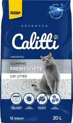 A bag of Calitti Fresh White cat litter with a cat on it.