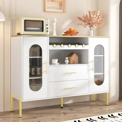Obrázok produktu pre Komoda – Komoda s zásuvkami – Servantka – Úložná skrinka – Viniarka – Biela s zlatými detailmi