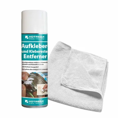 Produktbild von HOTREGA Aufkleber Klebereste Entferner 300 ml + Microfasertuch 40 x 40 cm