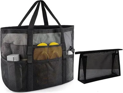 Image de Grand sac de plage pour les sorties en famille, comprenant un petit sac de rangement pour les jouets et les articles de vacances. Sac multifonctionnel en filet, à porter à l'épaule ou à la main. Sac étanche idéal pour la plage et les voyages. Couleur : noir